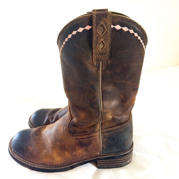 ARIAT Unbridled Roper Western Boot Distressed Brown Leather Pink Accents 8M - Picture 4 of 9
